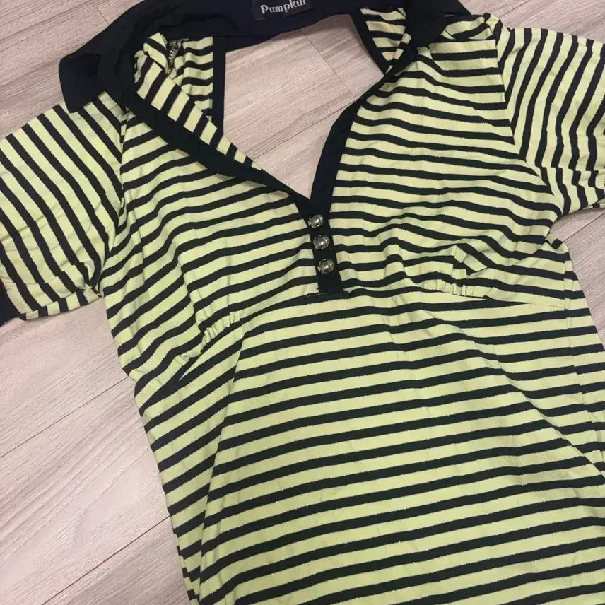 [BUNJANG] Vintage Puff Glitter Stripe Collar T-Shirt / 빈티지 퍼프 글리터 스트라이프 카라티