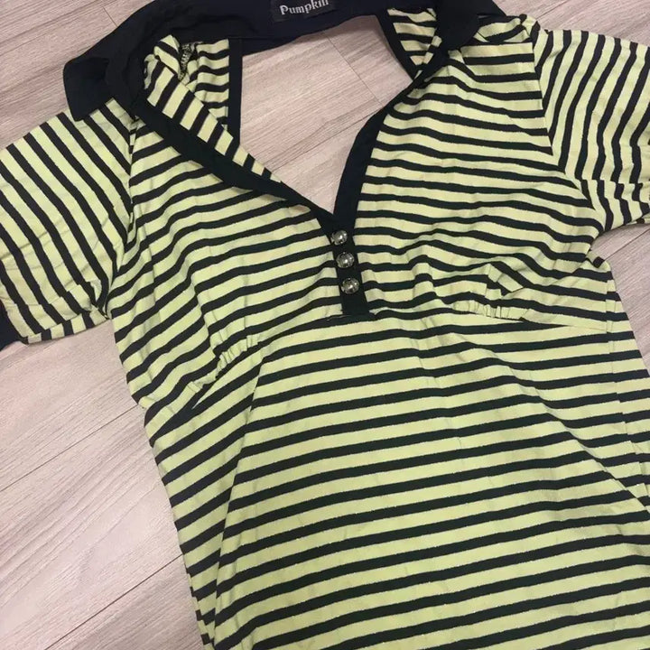 [BUNJANG] Vintage Puff Glitter Stripe Collar T-Shirt / 빈티지 퍼프 글리터 스트라이프 카라티