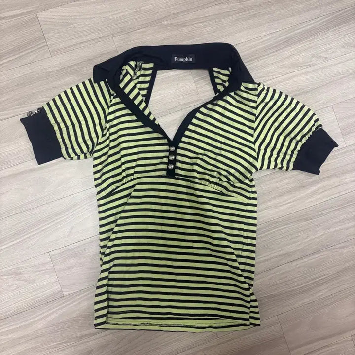 [BUNJANG] Vintage Puff Glitter Stripe Collar T-Shirt / 빈티지 퍼프 글리터 스트라이프 카라티