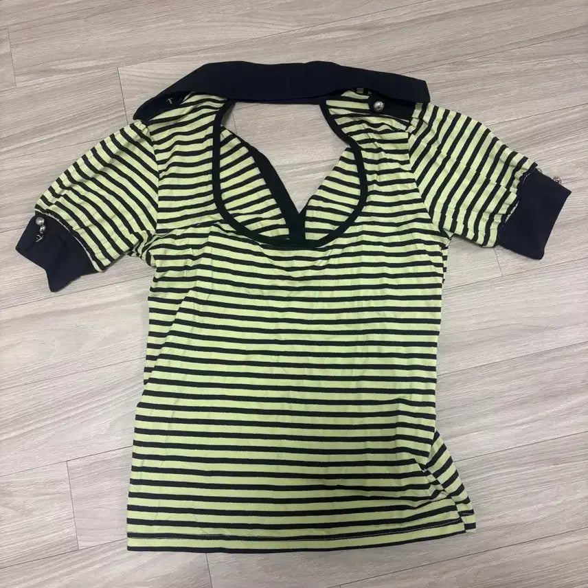 [BUNJANG] Vintage Puff Glitter Stripe Collar T-Shirt / 빈티지 퍼프 글리터 스트라이프 카라티