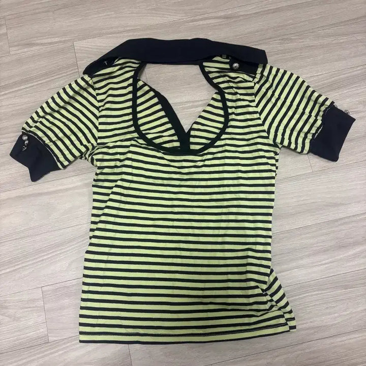[BUNJANG] Vintage Puff Glitter Stripe Collar T-Shirt / 빈티지 퍼프 글리터 스트라이프 카라티