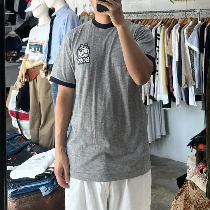 [BUNJANG] Suntory Boss Coffee Ringer T-Shirt / (착용컷) SUNTORY BOSS COFFEE 링거 반팔 티셔츠 100