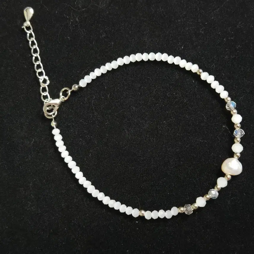 [BUNJANG] Freshwater Pearl Accent Matte White Stone Anklet / 담수진주포인트 무광화이트원석발찌