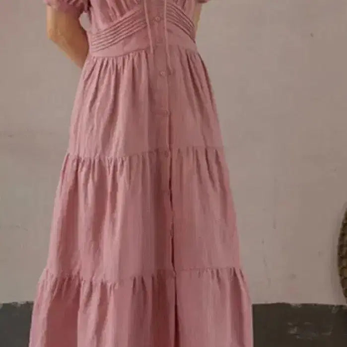 [BUNJANG] Raniina Linen Pink Frill Short-Sleeve Long Dress / 르니나 린넨 핑크색 프릴 반팔 롱 원피스