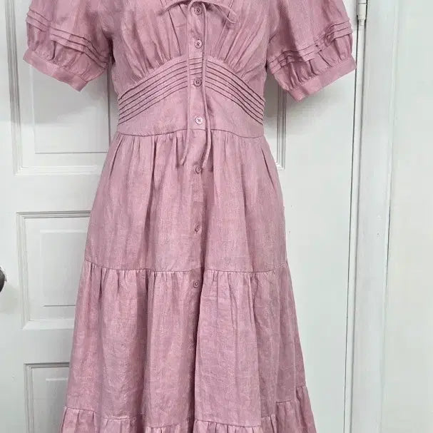 [BUNJANG] Raniina Linen Pink Frill Short-Sleeve Long Dress / 르니나 린넨 핑크색 프릴 반팔 롱 원피스