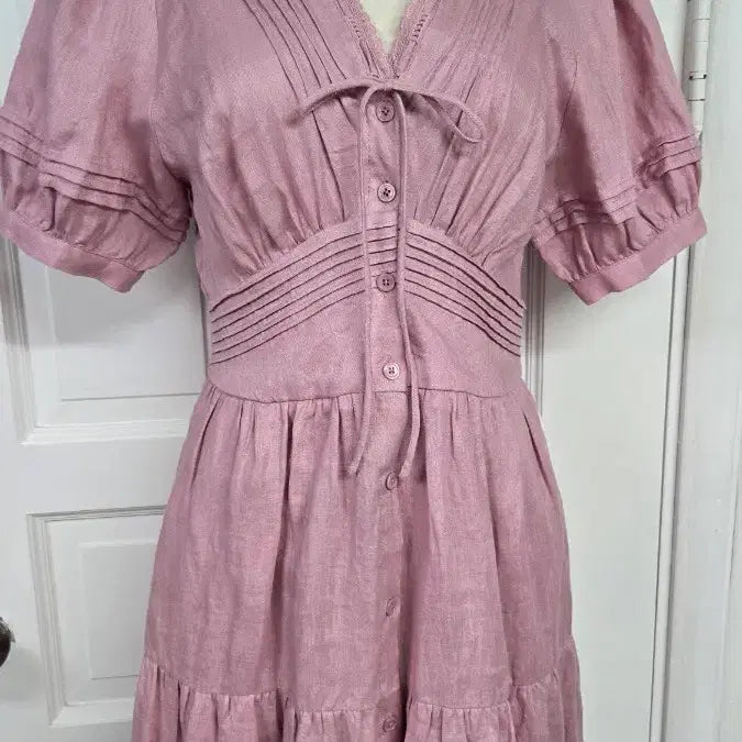 [BUNJANG] Raniina Linen Pink Frill Short-Sleeve Long Dress / 르니나 린넨 핑크색 프릴 반팔 롱 원피스