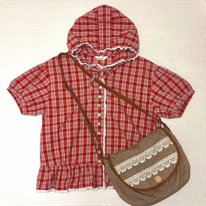 [BUNJANG] Japanese Vintage Apple Check Short Sleeve Hoodie / [일본빈티지] 사과 체크 반소매 후드