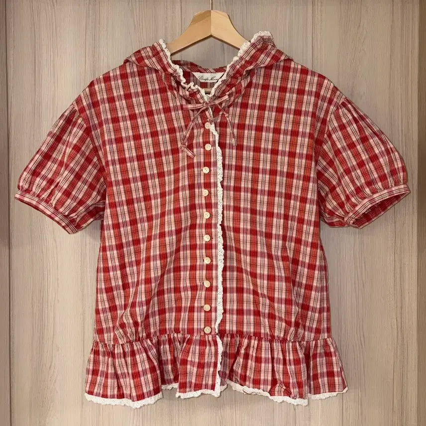 [BUNJANG] Japanese Vintage Apple Check Short Sleeve Hoodie / [일본빈티지] 사과 체크 반소매 후드