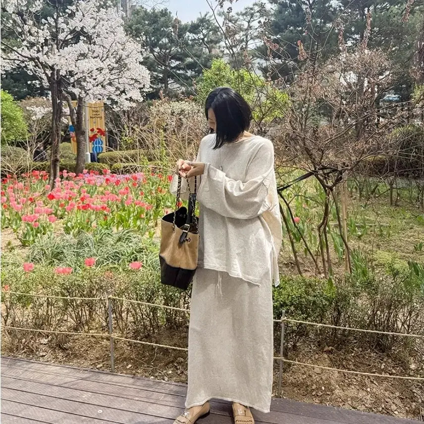 [BUNJANG] Mueen Linen Long Skirt Set - Oatmeal / 무엔 린넨 상하세트 롱스커트 새제품 F