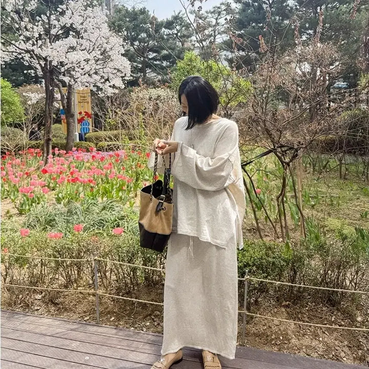 [BUNJANG] Mueen Linen Long Skirt Set - Oatmeal / 무엔 린넨 상하세트 롱스커트 새제품 F