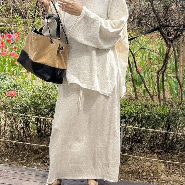 [BUNJANG] Mueen Linen Long Skirt Set - Oatmeal / 무엔 린넨 상하세트 롱스커트 새제품 F