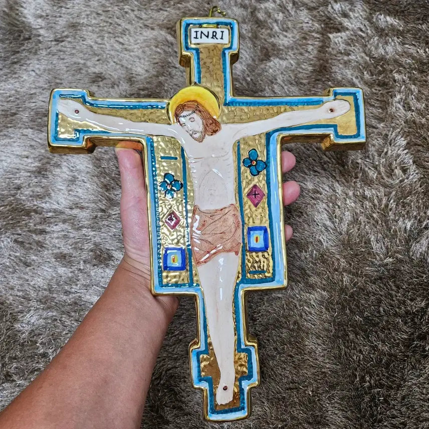 [BUNJANG] Old Italy Gloss Ceramic Hand-Painted INRI Relief Wall Hanging Cross / 올드 이태리 유광 세라믹 핸드페인티드 INRI 부조 벽걸이 십자가.