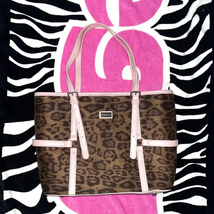 [BUNJANG] Gyaru Leopard Print Tote Bag / 갸루 토트백 호피 스쿨백 핑크브라운 빈티지 노트북 가방 오네갸루