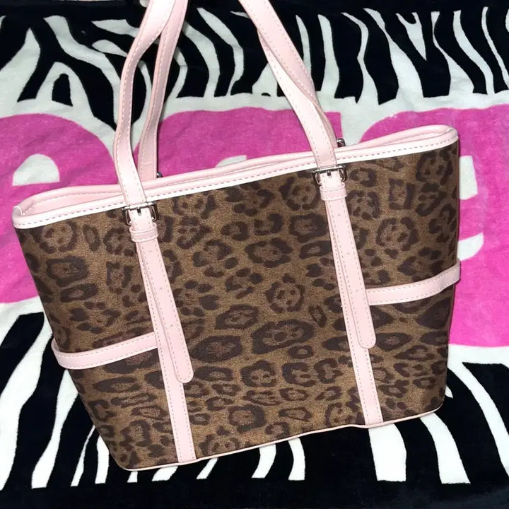 [BUNJANG] Gyaru Leopard Print Tote Bag / 갸루 토트백 호피 스쿨백 핑크브라운 빈티지 노트북 가방 오네갸루