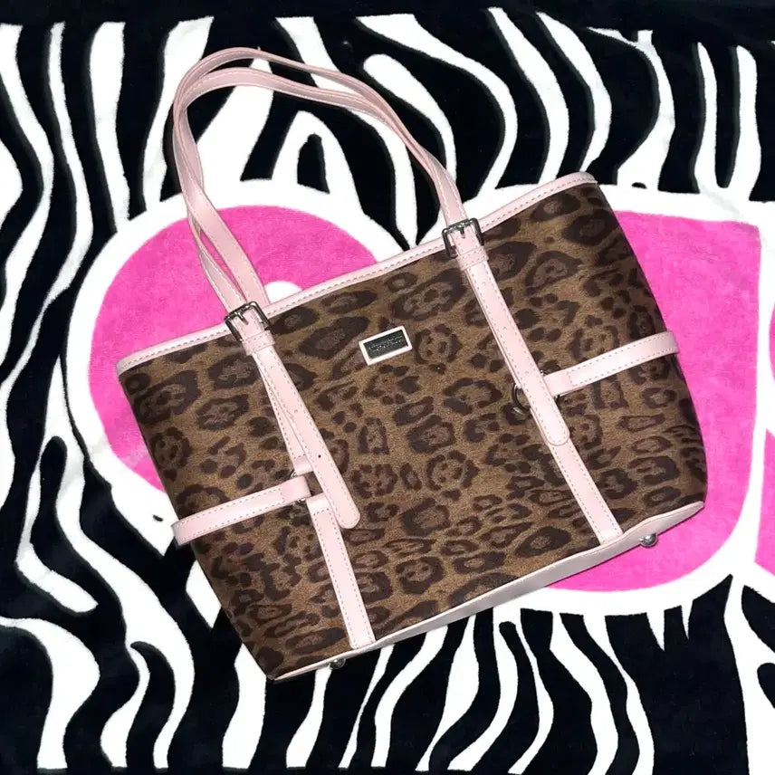[BUNJANG] Gyaru Leopard Print Tote Bag / 갸루 토트백 호피 스쿨백 핑크브라운 빈티지 노트북 가방 오네갸루