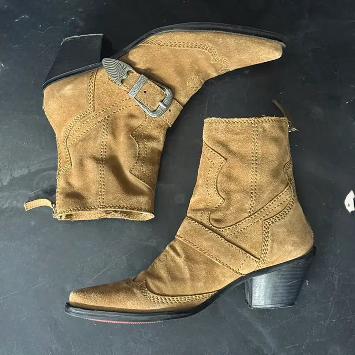 [BUNJANG] ZARA Suede Western Buckle Ankle Boots Camel / 자라 카멜 스웨이드 세무 웨스턴 버클 벨트 앵클 부츠 뾰족 39 245