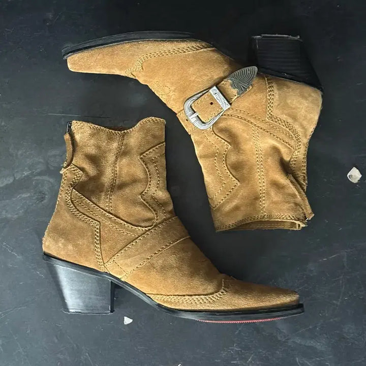 [BUNJANG] ZARA Suede Western Buckle Ankle Boots Camel / 자라 카멜 스웨이드 세무 웨스턴 버클 벨트 앵클 부츠 뾰족 39 245