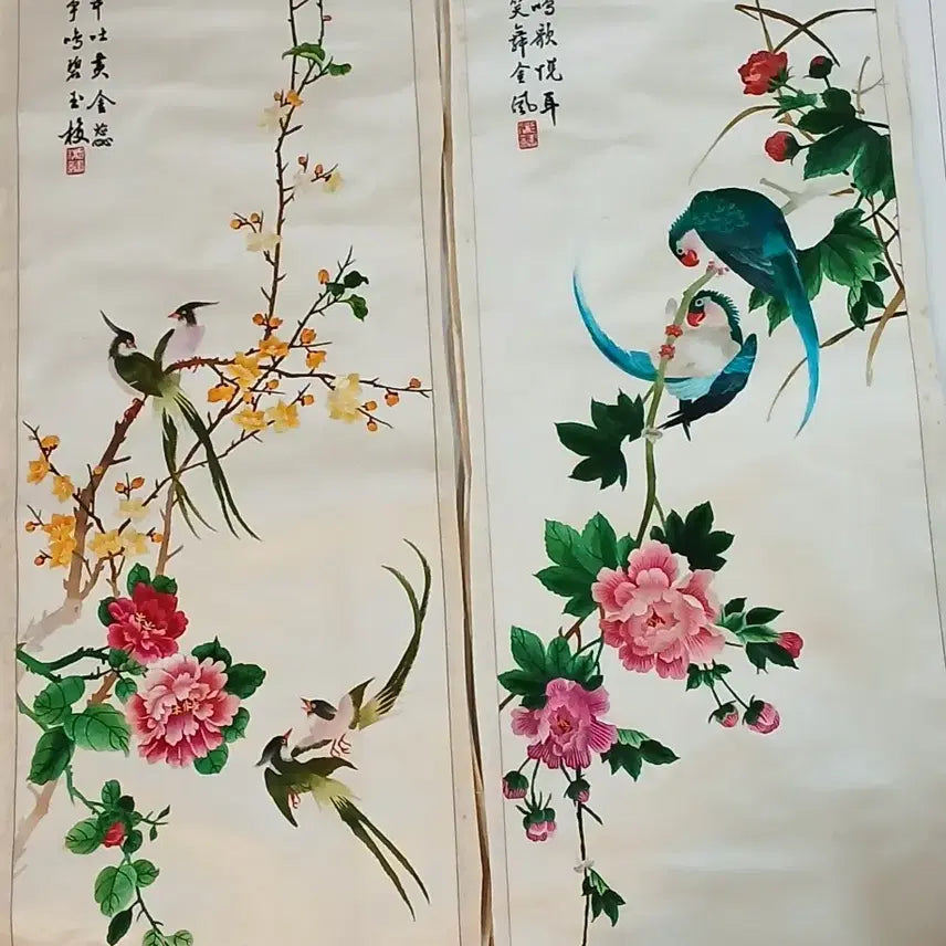 [BUNJANG] Eight-Panel Folding Screen with Embroidered Birds and Flowers / 고급자수화조도8폭
