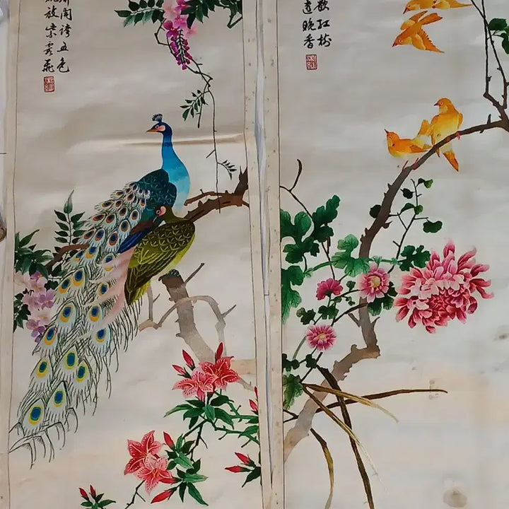 [BUNJANG] Eight-Panel Folding Screen with Embroidered Birds and Flowers / 고급자수화조도8폭