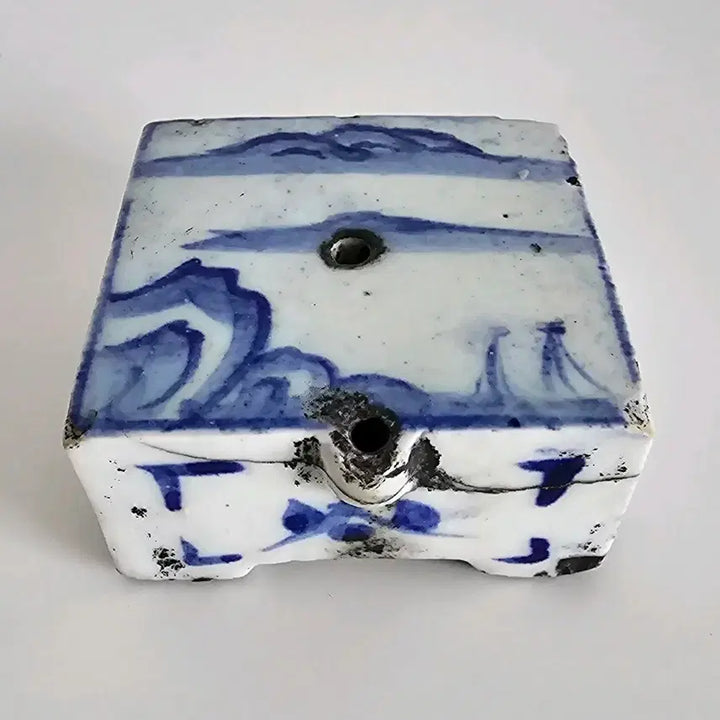 [BUNJANG] Joseon Dynasty White Porcelain Celadon Landscape Square Inkstone Water Dropper / 백자 청화 산수문 사각 연적
