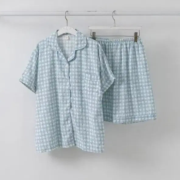 [BUNJANG] Checkered Cat Short Pajama Set / 체크 냐옹이 반팔 반바지 잠옷 세트