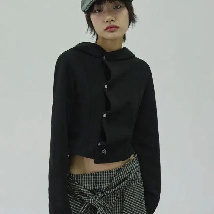 [BUNJANG] Slickglow Small Logo Shirring Hood Top (Gray/Black) / 마지막 가격) 슬릭글로우 스몰 로고 사이드 버튼 셔링 후드탑 그레이/블랙