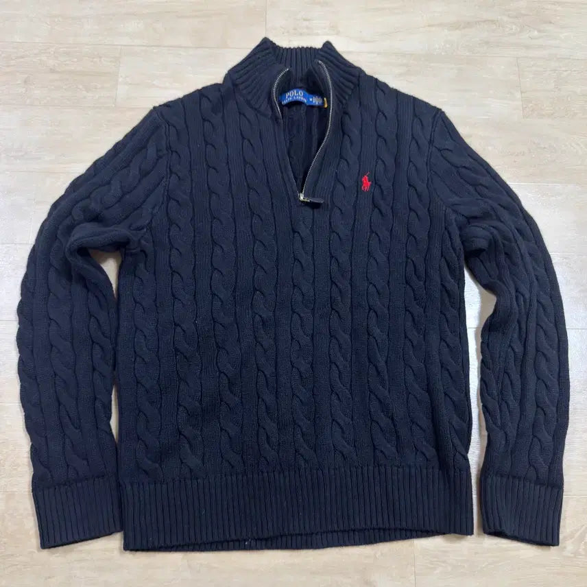 [BUNJANG] Polo Ralph Lauren Cable Knit Cotton Quarter Zip Sweater Black / (정품) 폴로 케이블 니트 코튼 쿼터 지퍼 스웨터 블랙 M