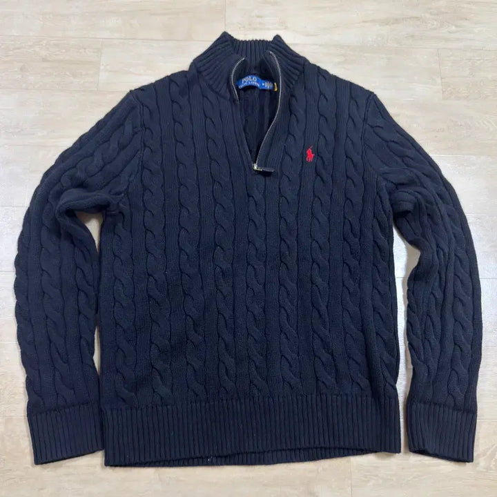 [BUNJANG] Polo Ralph Lauren Cable Knit Cotton Quarter Zip Sweater Black / (정품) 폴로 케이블 니트 코튼 쿼터 지퍼 스웨터 블랙 M