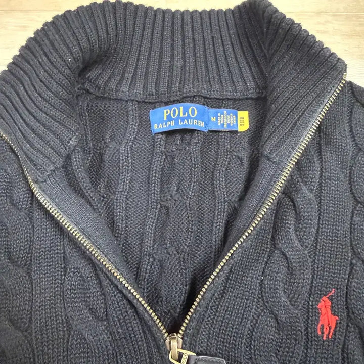 [BUNJANG] Polo Ralph Lauren Cable Knit Cotton Quarter Zip Sweater Black / (정품) 폴로 케이블 니트 코튼 쿼터 지퍼 스웨터 블랙 M