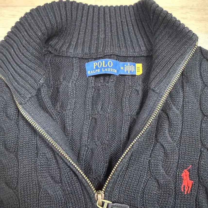 [BUNJANG] Polo Ralph Lauren Cable Knit Cotton Quarter Zip Sweater Black / (정품) 폴로 케이블 니트 코튼 쿼터 지퍼 스웨터 블랙 M