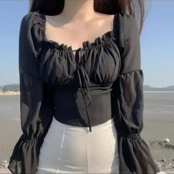 [BUNJANG] Black Square Neck Puff Sleeve Blouse / 블랙 스퀘어넥 퍼프소매 블라우스