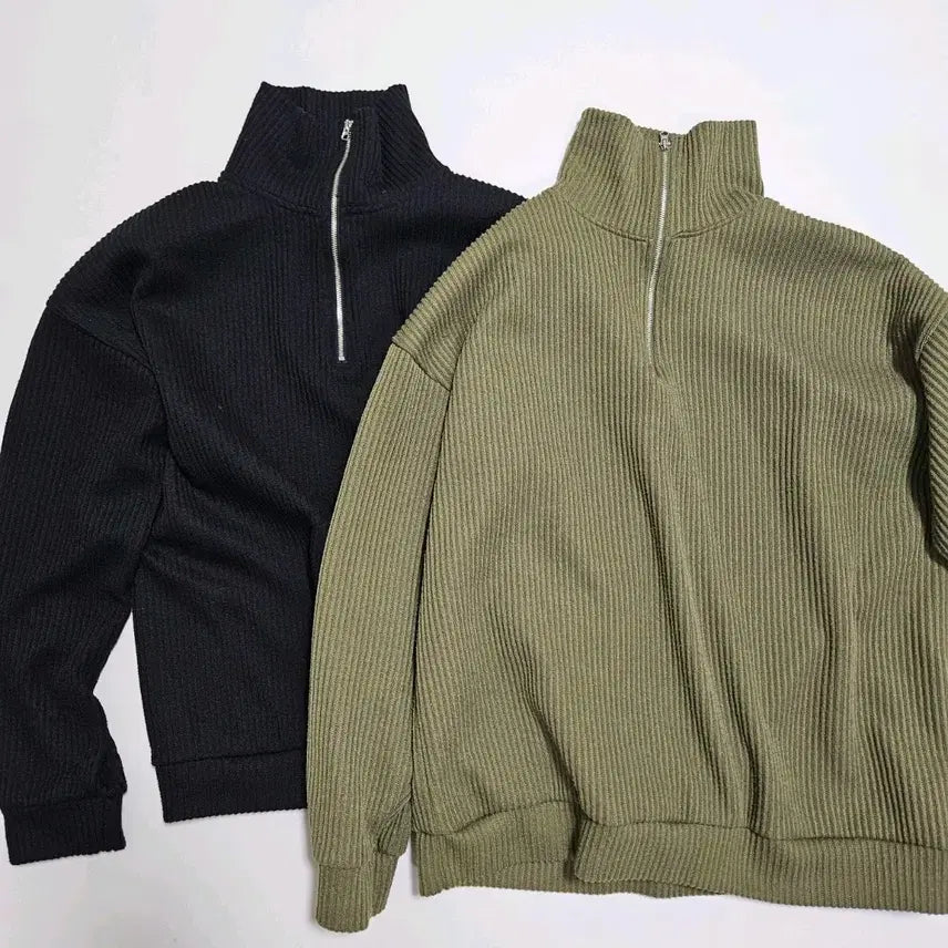 [BUNJANG] Ribbed Zip-Up Top Set / 골지 집업 상의 카키/블랙 일괄