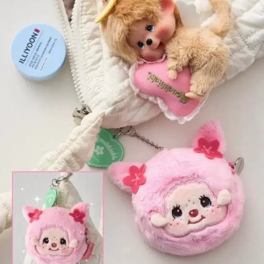 [BUNJANG] Illiyoon Cherry Blossom Monchhichi Pouch Keyring Limited Edition / 일리윤 몬치치 벚꽃 핑크 키링 한정판 리미티드 에디션