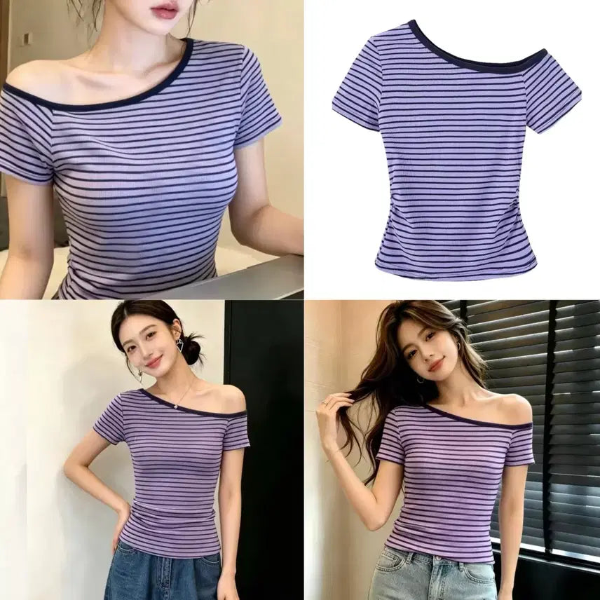 [BUNJANG] Lavender Stripe Half Off-Shoulder Short Sleeve T-Shirt / (당일발송)여리여리 하프 오프숄더 라벤더 컬러 스트라이프 반팔t