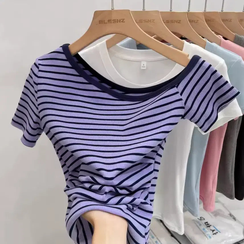 [BUNJANG] Lavender Stripe Half Off-Shoulder Short Sleeve T-Shirt / (당일발송)여리여리 하프 오프숄더 라벤더 컬러 스트라이프 반팔t