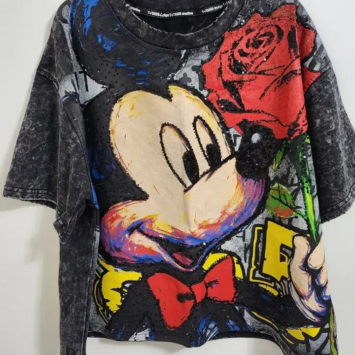 [BUNJANG] Disney Mickey Mouse Sequin Pigment Tie-Dye T-Shirt / 미키마우스 디즈니 스팽글 피그먼트 타이다이 나염 반팔티<새상품>