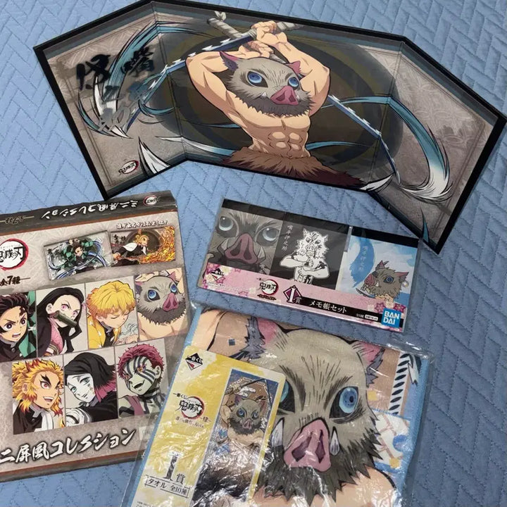 [BUNJANG] Demon Slayer Inosuke Goods Bundle Set: Ichiban Kuji Long Towel, Memo Pad, Folding Screen / 귀멸의 칼날 이노스케 굿즈 일괄 세트 이치방쿠지 롱타올 메모지 병풍