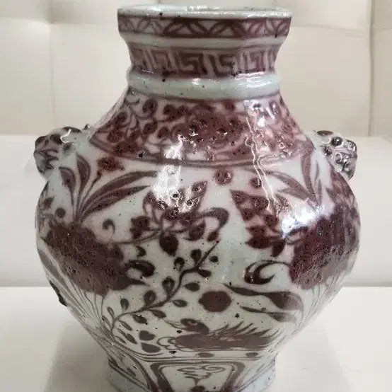 [BUNJANG] Chinese Yuan-Ming Dynasty Celadon Porcelain Vase with Peony and Bird-Insect Motif / 유리홍 모란조충문 팔각쌍이병
