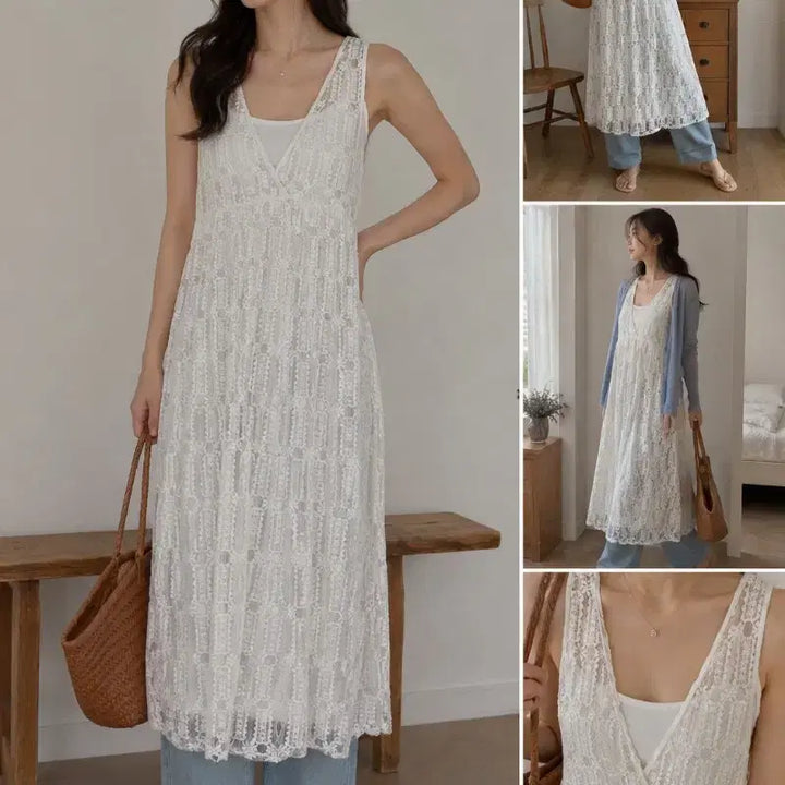 [BUNJANG] White Lace Layered Long Dress (Size 44-55) / 화이트 레이스 레이어드 원피스44~55