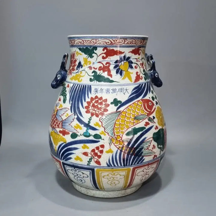 [BUNJANG] Ming Dynasty Wanli Period Celadon Porcelain Fish and Algae Motif Pipiform Vase (43cm) / 대명만력년제 오채어조문녹두비파준. 고43(대형)