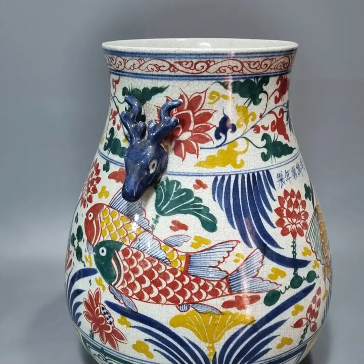 [BUNJANG] Ming Dynasty Wanli Period Celadon Porcelain Fish and Algae Motif Pipiform Vase (43cm) / 대명만력년제 오채어조문녹두비파준. 고43(대형)