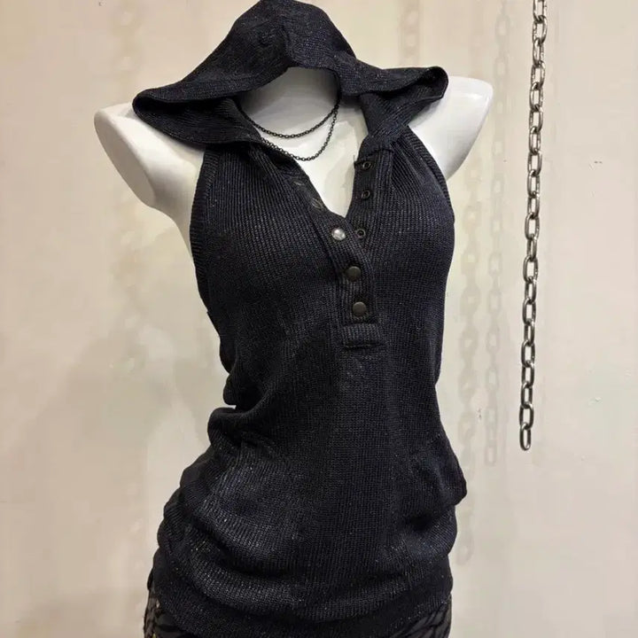 [BUNJANG] Button Hoodie Glitter Black Sleeveless Gya-ru Y2K Top / 버튼 후드 글리터 블랙 슬리브리스 갸루 y2k