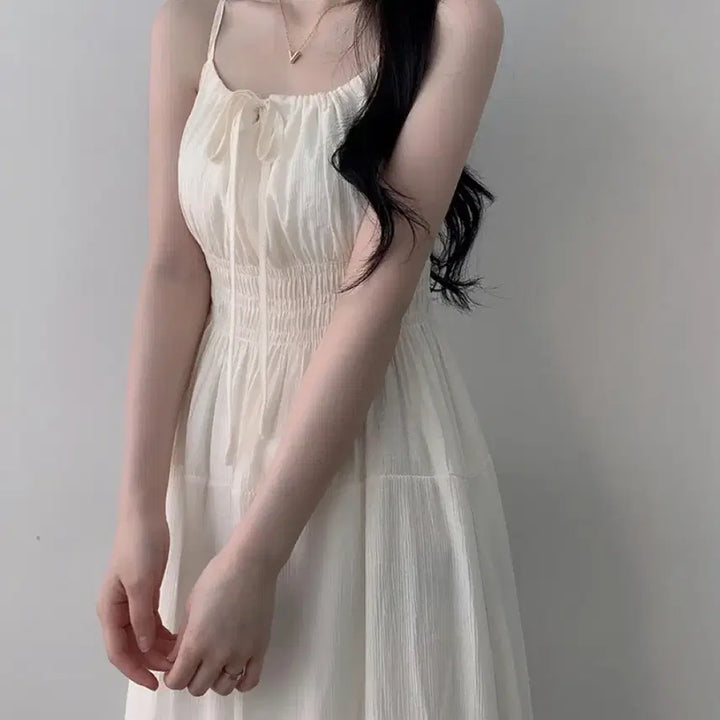 [BUNJANG] Ribbon Shirring Smocked Banding Long Dress (White) / 리본 셔링 스모크 밴딩  롱 원피스 룩 (화이트)