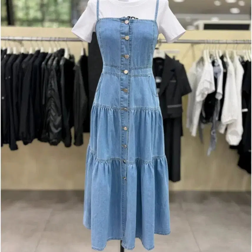 [BUNJANG] Denim Strap Ruffle Long Dress / 데님 끈 롱 캉캉 원피스 55~66 (새것)