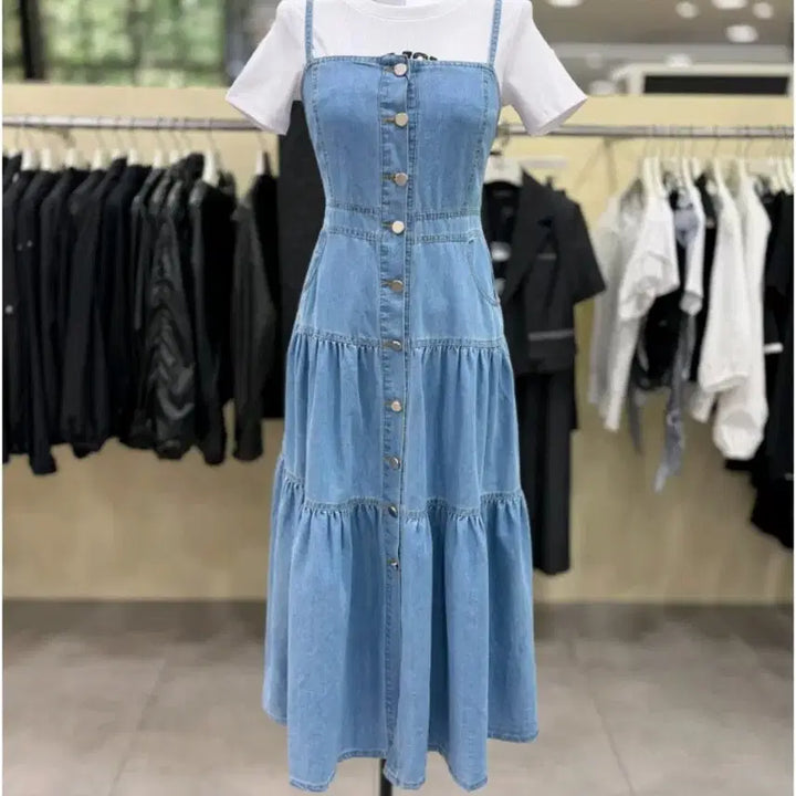 [BUNJANG] Denim Strap Ruffle Long Dress / 데님 끈 롱 캉캉 원피스 55~66 (새것)