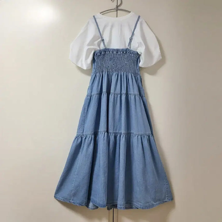 [BUNJANG] Denim Strap Ruffle Long Dress / 데님 끈 롱 캉캉 원피스 55~66 (새것)