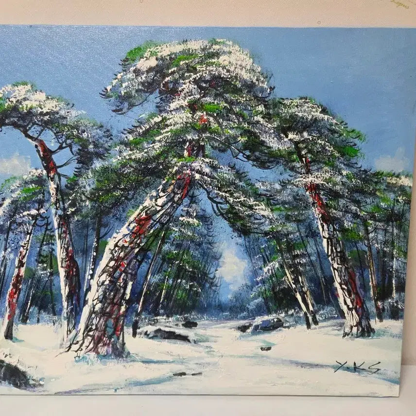[BUNJANG] Yoon Kyung Sik Oil Painting Snowy Pine Forest / 윤경식 화백  유화 눈 쌓인 소나무 숲