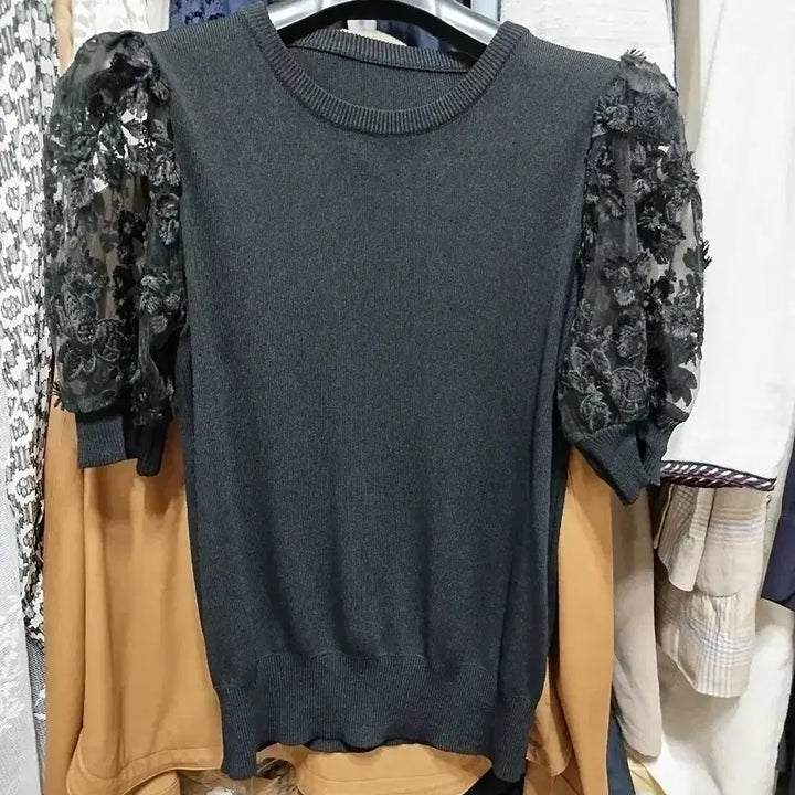 [BUNJANG] Sheer Short Sleeve Knit Top / 소매 시스루 반팔니트