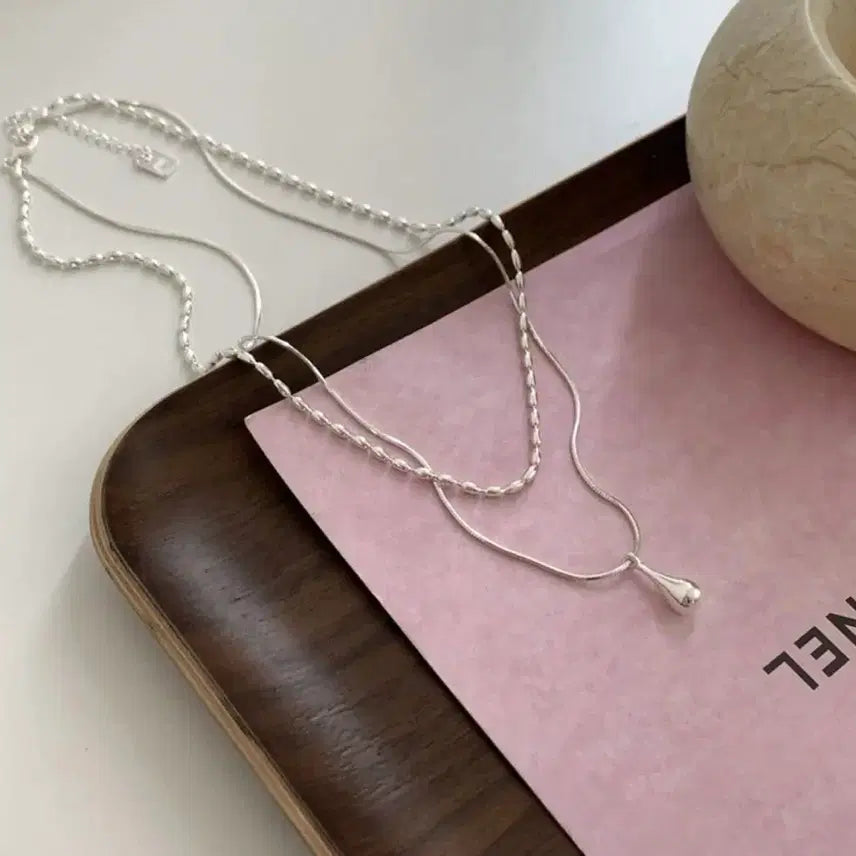[BUNJANG] 925 Sterling Silver Water Drop 2-Tier Layered Necklace / 925 실버 물방울 2단 레이어드 목걸이