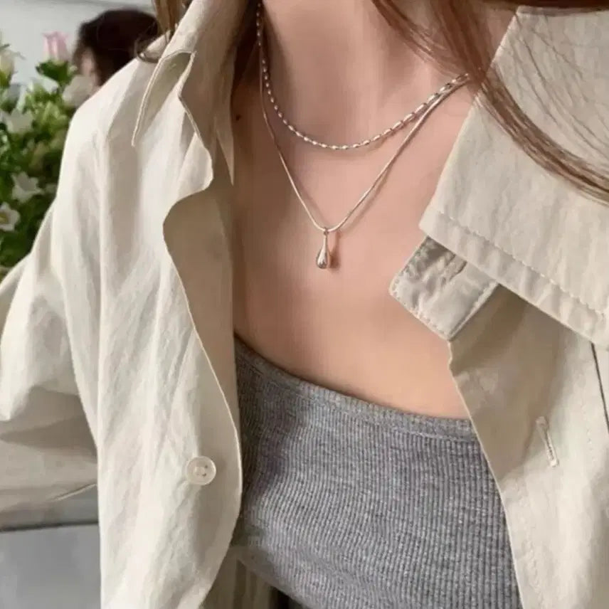 [BUNJANG] 925 Sterling Silver Water Drop 2-Tier Layered Necklace / 925 실버 물방울 2단 레이어드 목걸이